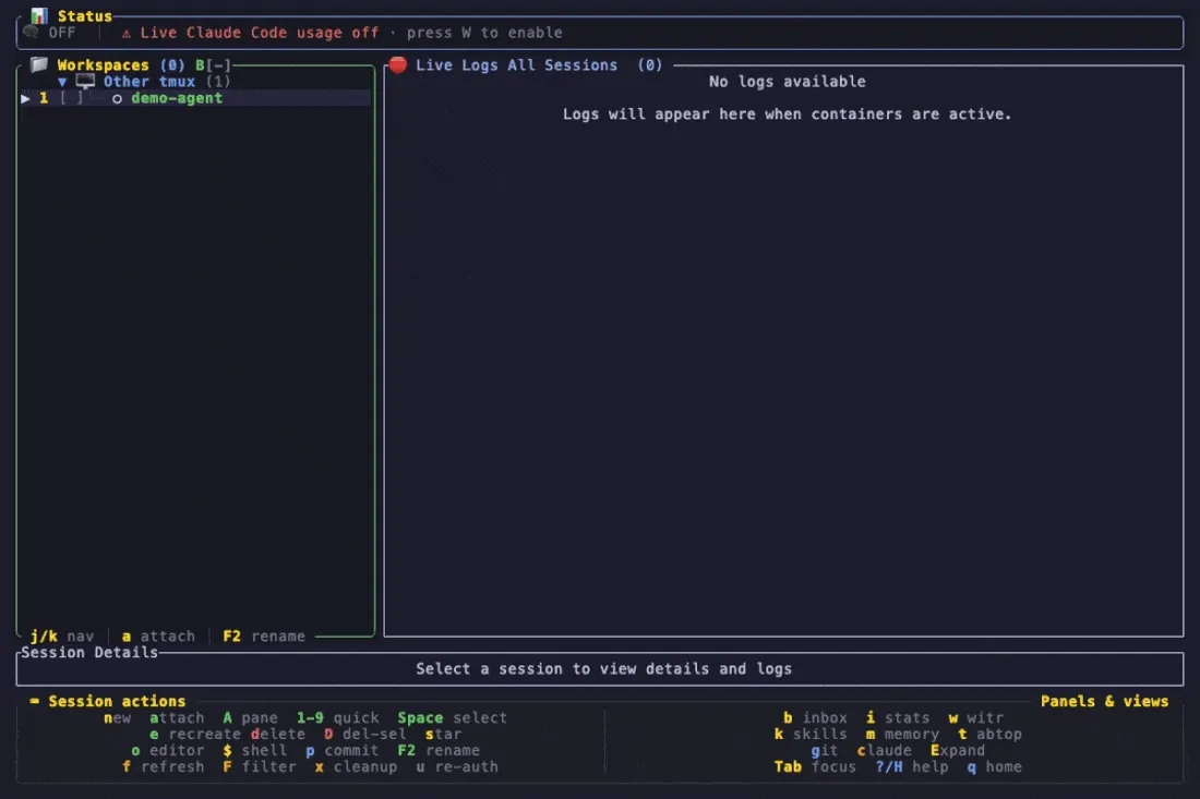 Full-screen attach — 'a' suspends the TUI into the real tmux client, a command runs inside the session, Ctrl+B d detaches back to ainb