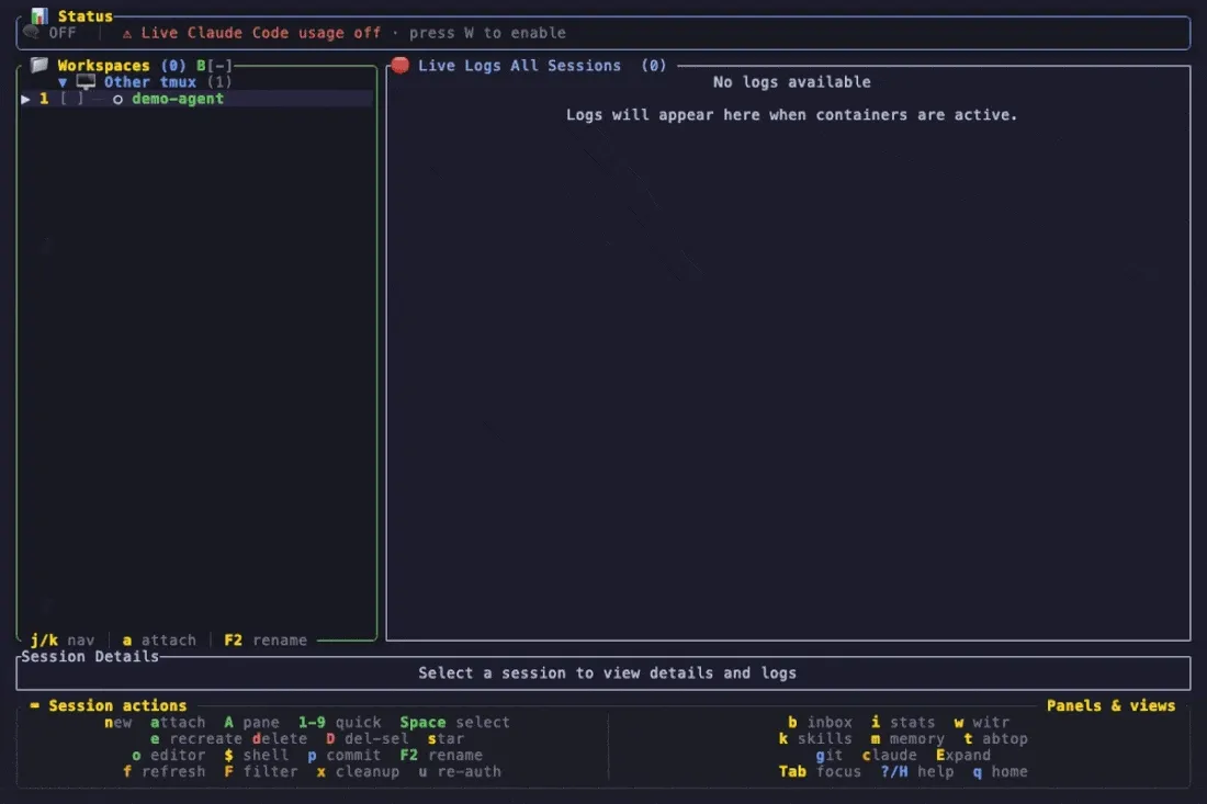 In-pane attach — Shift+A turns the preview pane into a live embedded tmux client with an INTERACTIVE badge; typed input lands in the session; Ctrl+Q releases