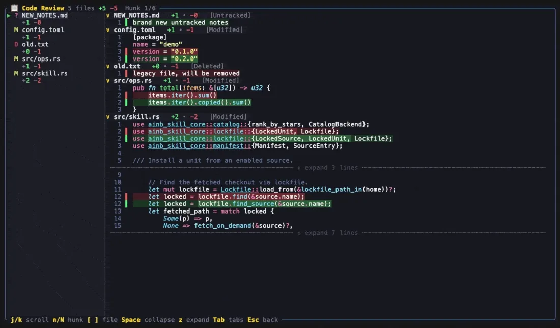 Collapsing a file's diff block to its header and back