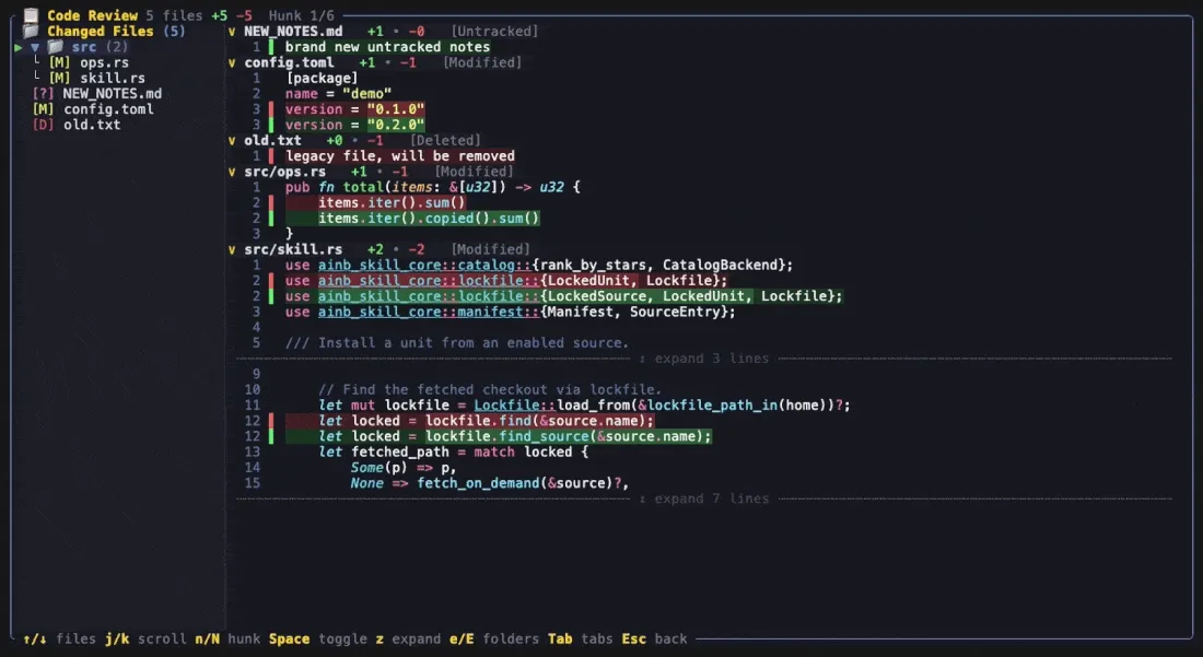 ainb Code Review surface — file sidebar, per-file diff blocks, syntax highlighting, green/red row tints, word-level emphasis, and a line-number gutter
