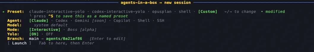 The new-session Configure wizard cycling through every option — Preset, Agent (Claude · Codex · Gemini [soon] · Copilot · Shell · SSH), Model, Mode, Yolo, Branch, and Launch