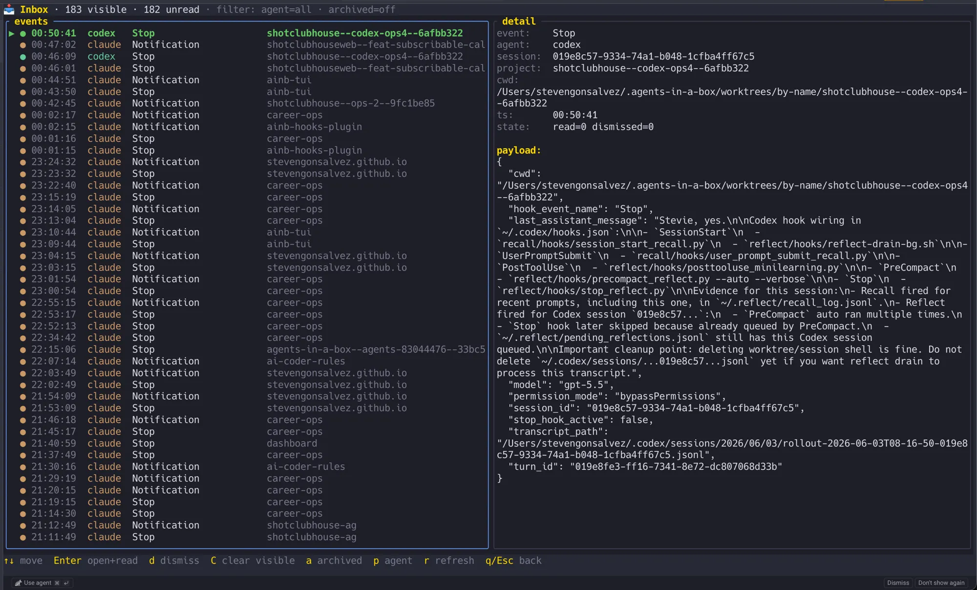 The Inbox screen in ainb-tui