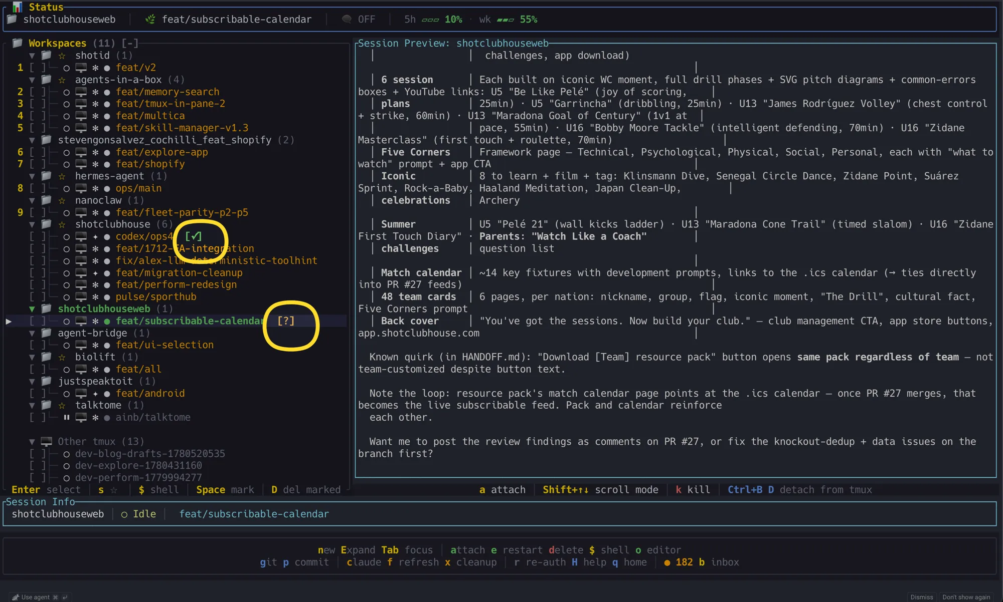 Per-session status markers in the session list